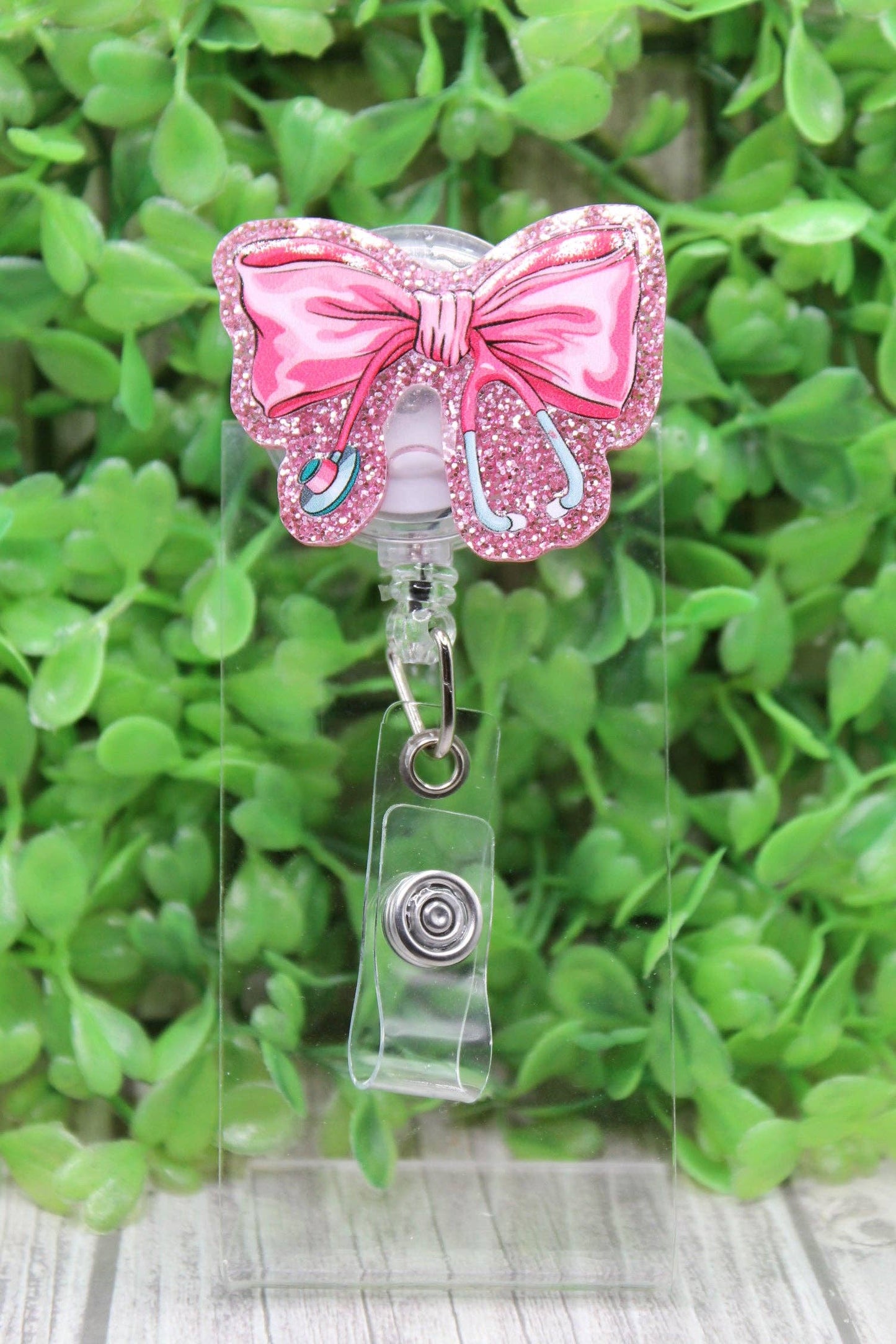 Pink Coquette Bow & Stethoscope Badge/ID Holder Reel