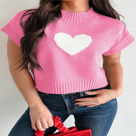Fiery Valentine Heart Graphic Cropped Short Sleeve Sweater