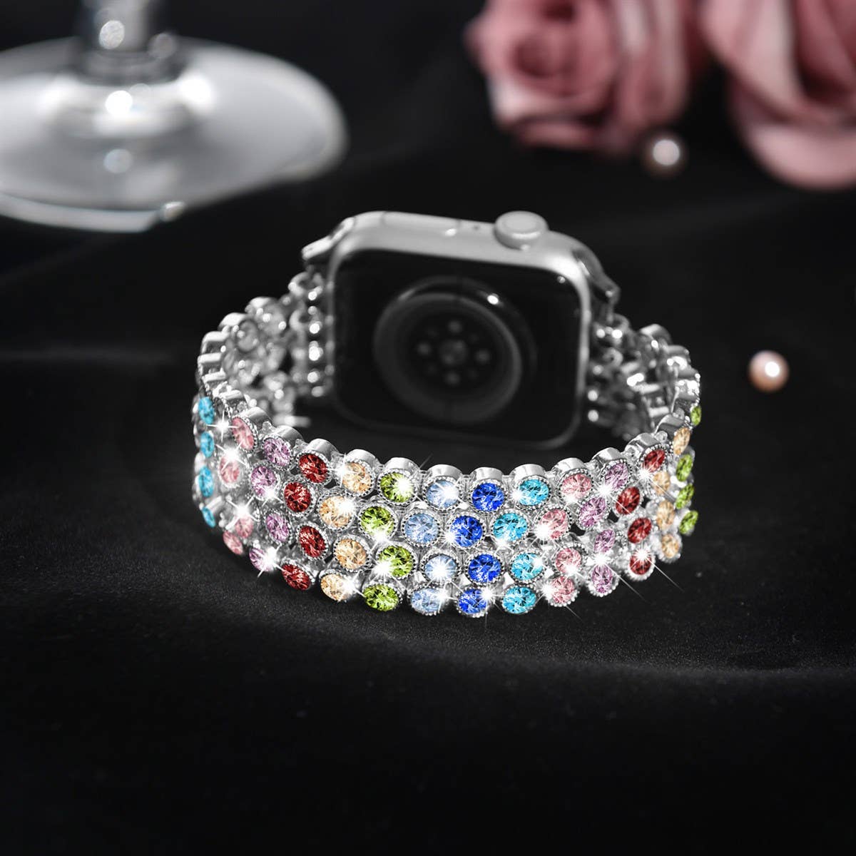 Crystal Diamond Bling CZ Silver Stretch Elastic Apple Watch
