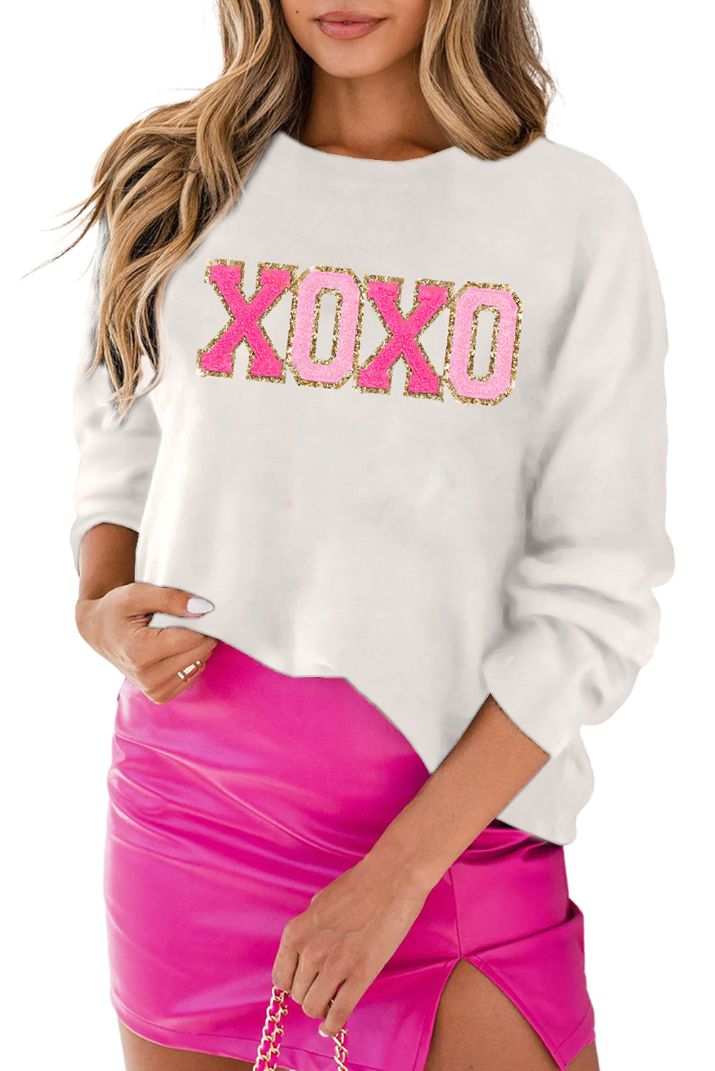Black XOXO Chenille Letter Round Neck Casual Sweater