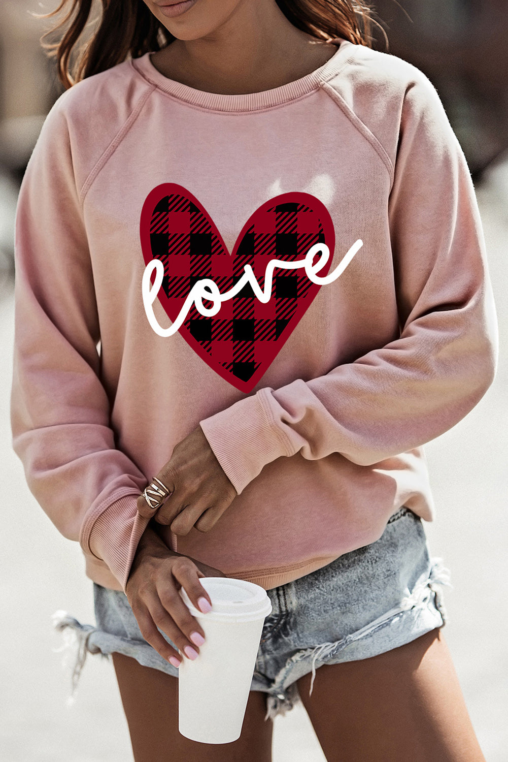 Pink love Heart Shape Plaid Print Raglan Sleeve Graphic Sweatshirt