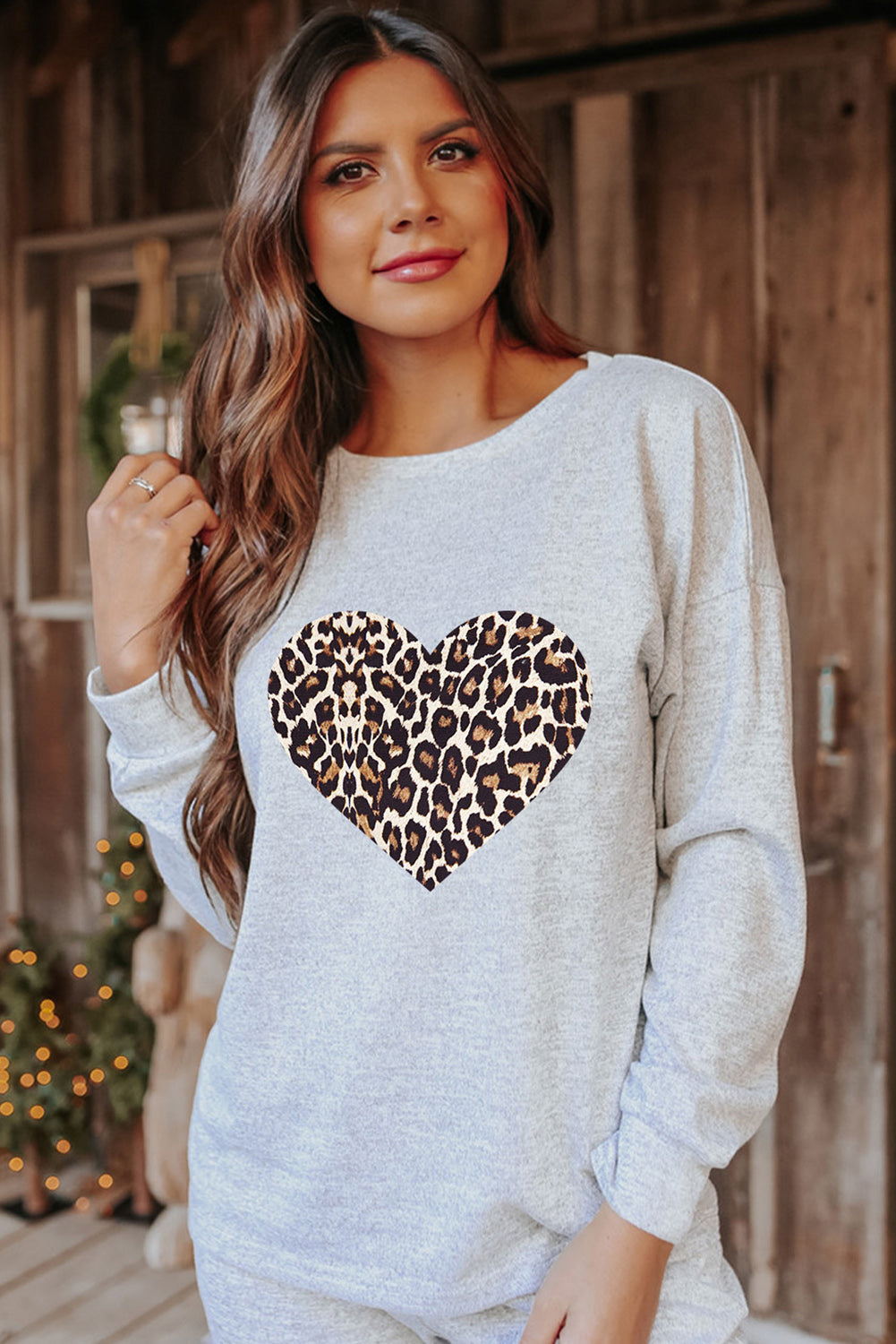 Gray Leopard Heart Graphic Pullover And Joggers Lounge Set