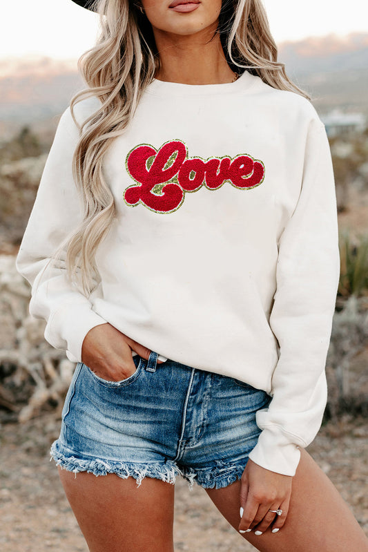 Beige Love Letter Chenille Embroidered Graphic Sweatshirt