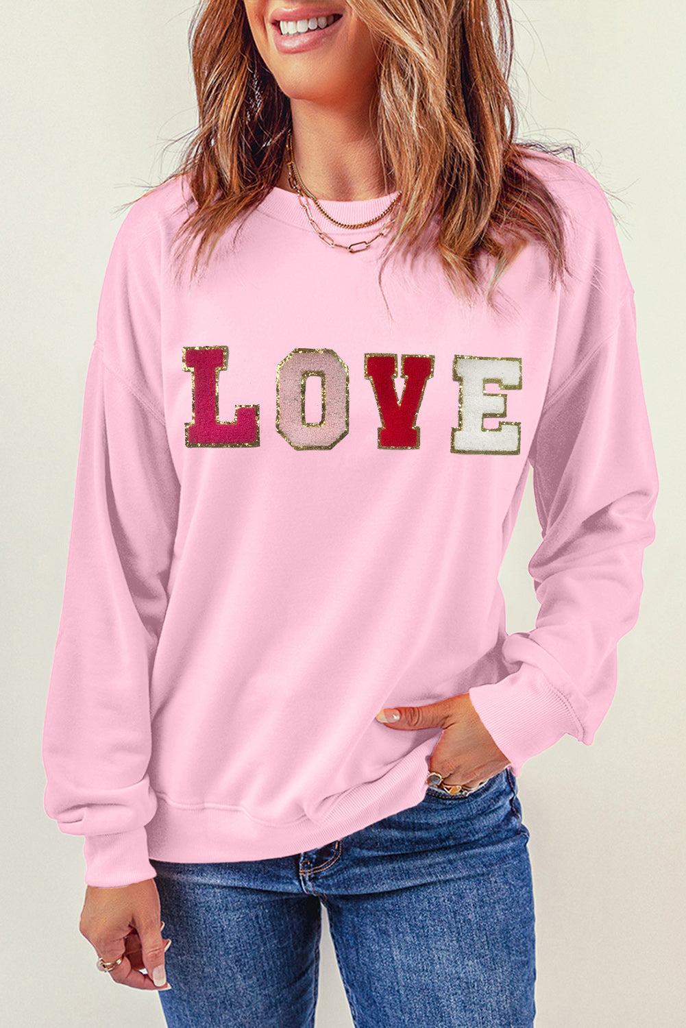 Pink Valentine LOVE Sequin Letter Graphic Sweatshirt