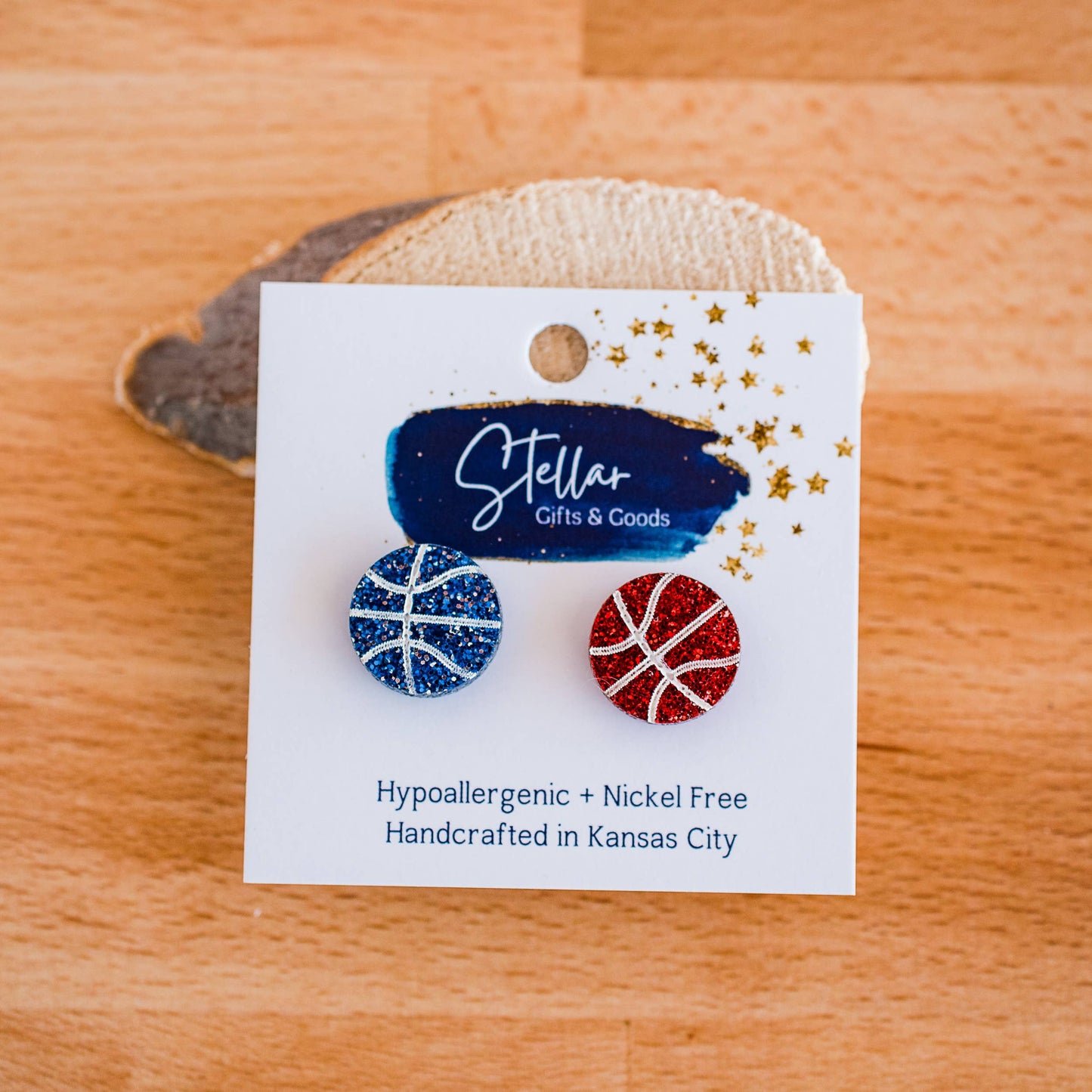 Blue & Red Hand Painted Glitter Acrylic Basketball Studs
