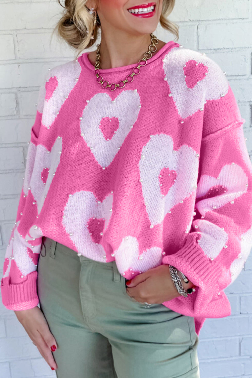 Bonbon Pearl Beaded Heart Drop Shoulder Sweater