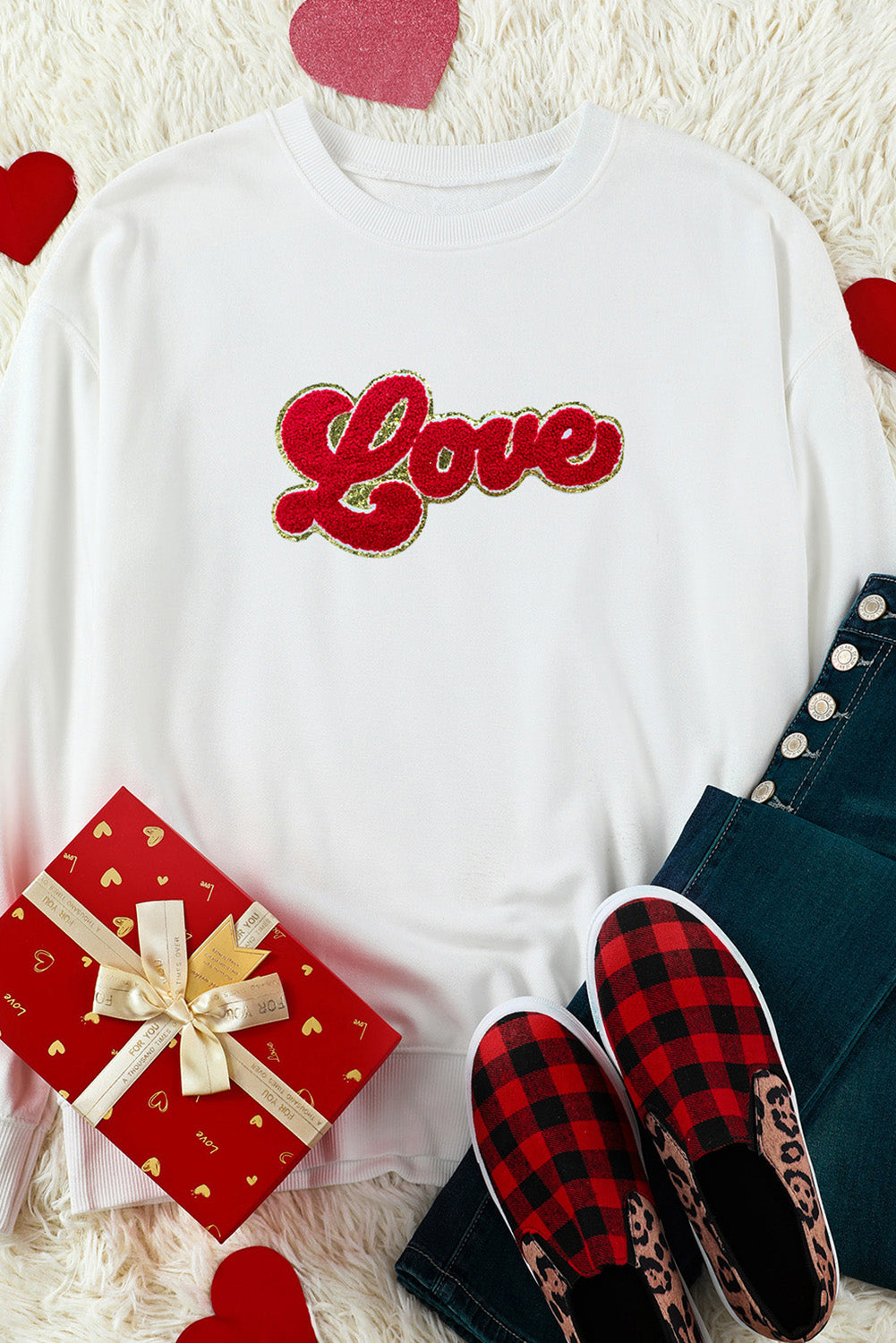 Beige Love Letter Chenille Embroidered Graphic Sweatshirt