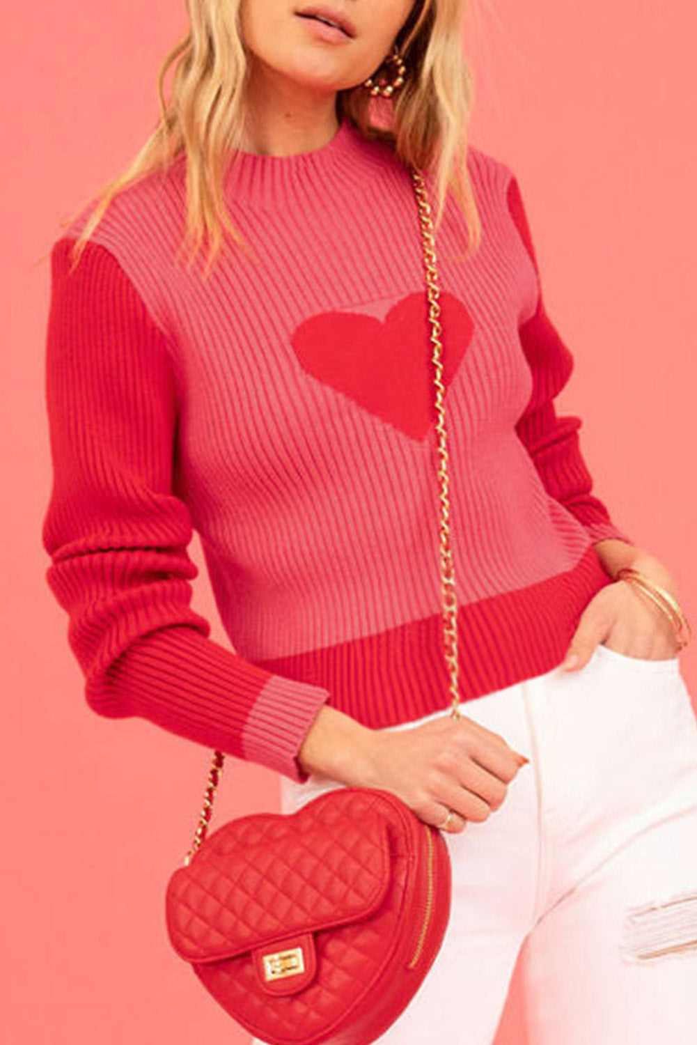 Fiery Red Valentine Ribbed Heart Printed Colorblock Sweater