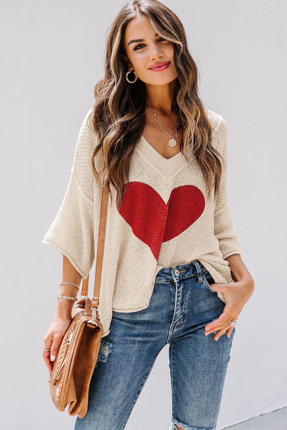 Beige Casual Heart Print Knit Sweater