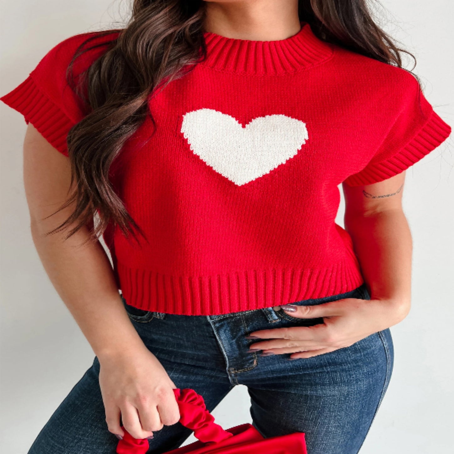 Fiery Valentine Heart Graphic Cropped Short Sleeve Sweater