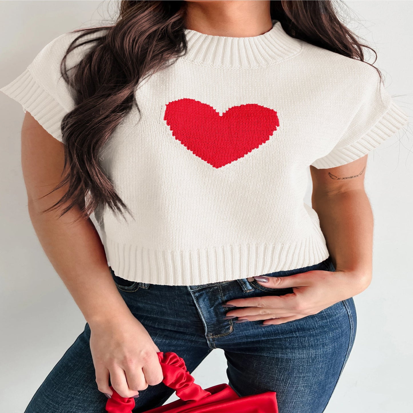 Fiery Valentine Heart Graphic Cropped Short Sleeve Sweater