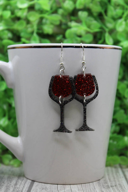 Glitter Red Wine Glasses • Dangle Earrings