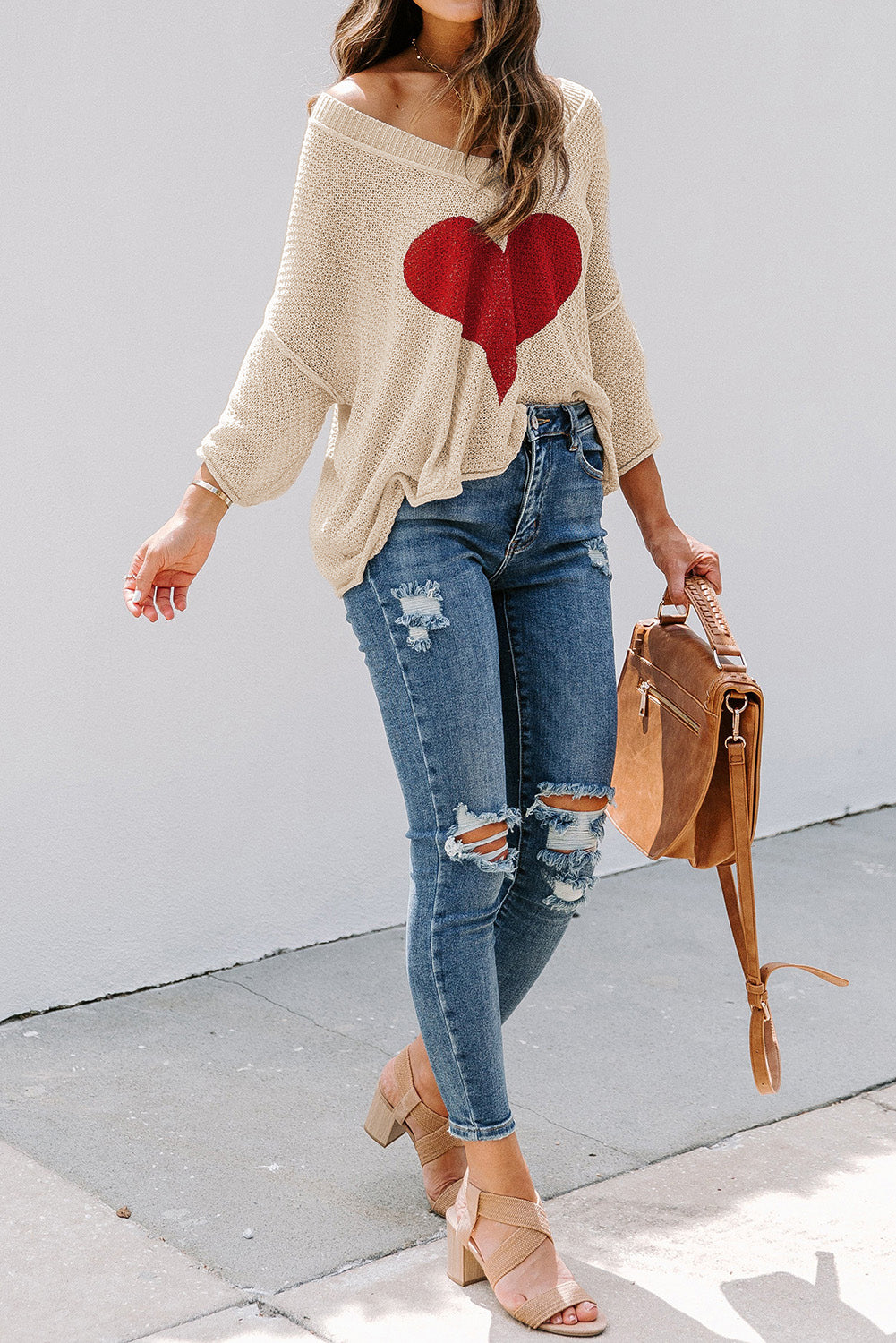 Beige Casual Heart Print Knit Sweater