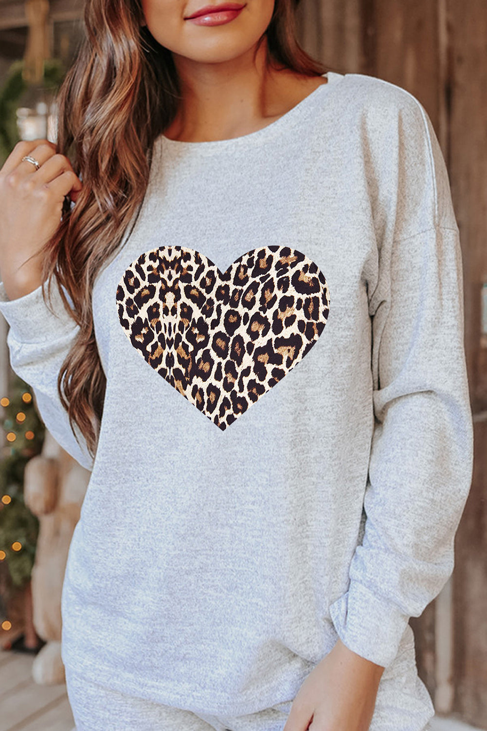 Gray Leopard Heart Graphic Pullover And Joggers Lounge Set