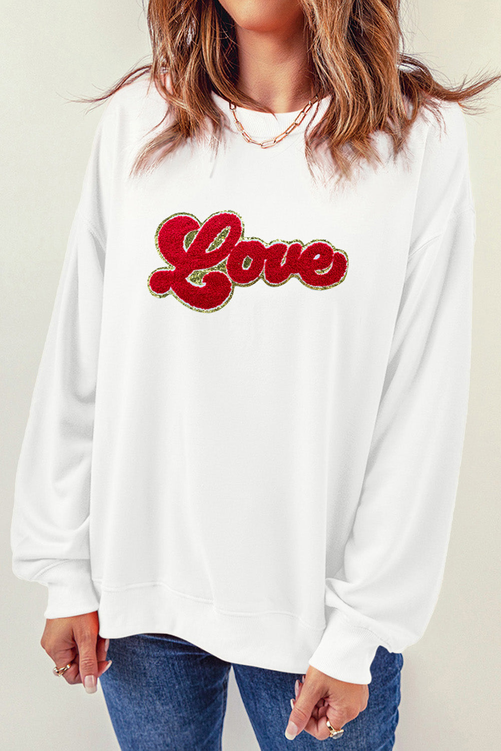 Beige Love Letter Chenille Embroidered Graphic Sweatshirt