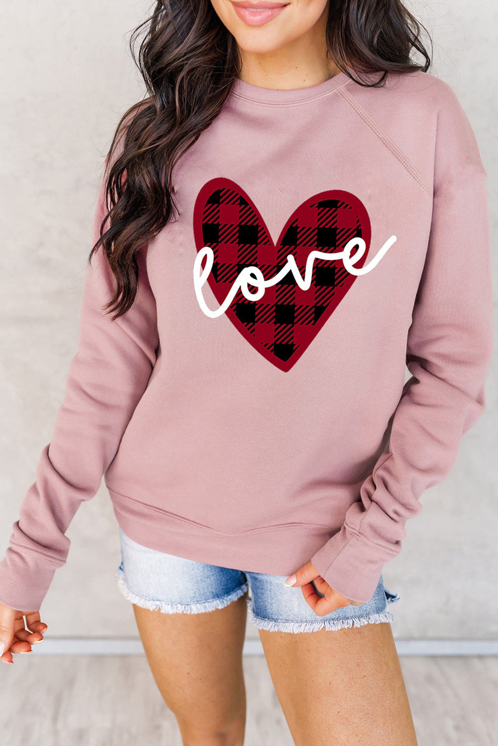 Pink love Heart Shape Plaid Print Raglan Sleeve Graphic Sweatshirt