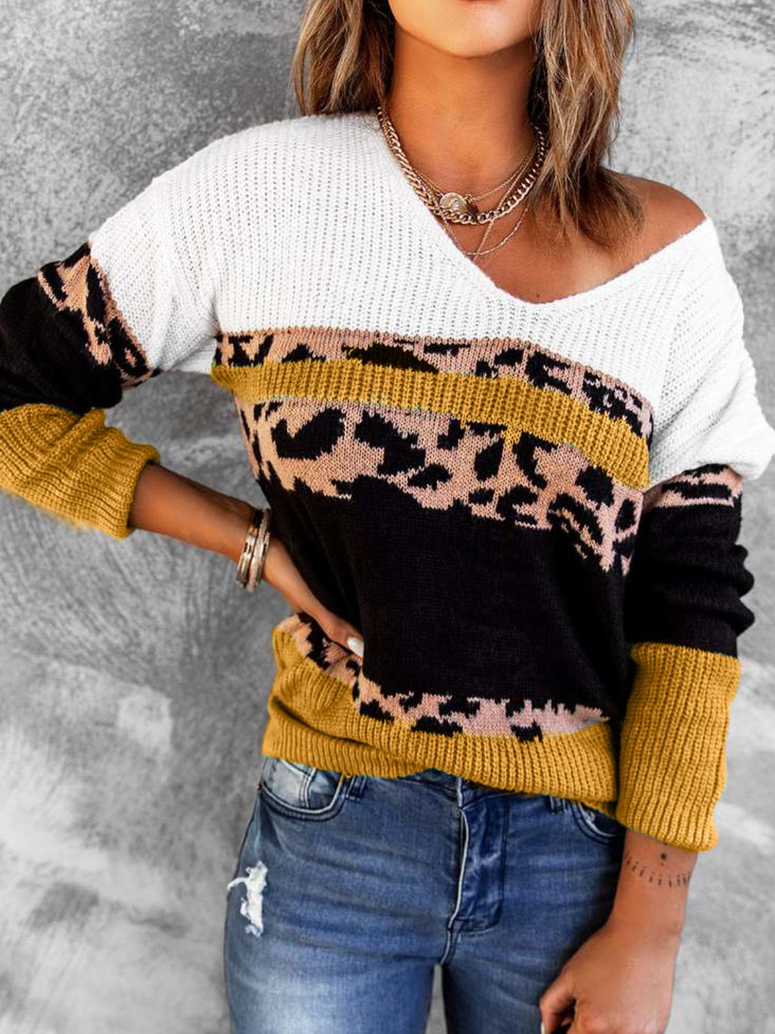 Woven Right Leopard Color Block V-Neck Rib-Knit Sweater