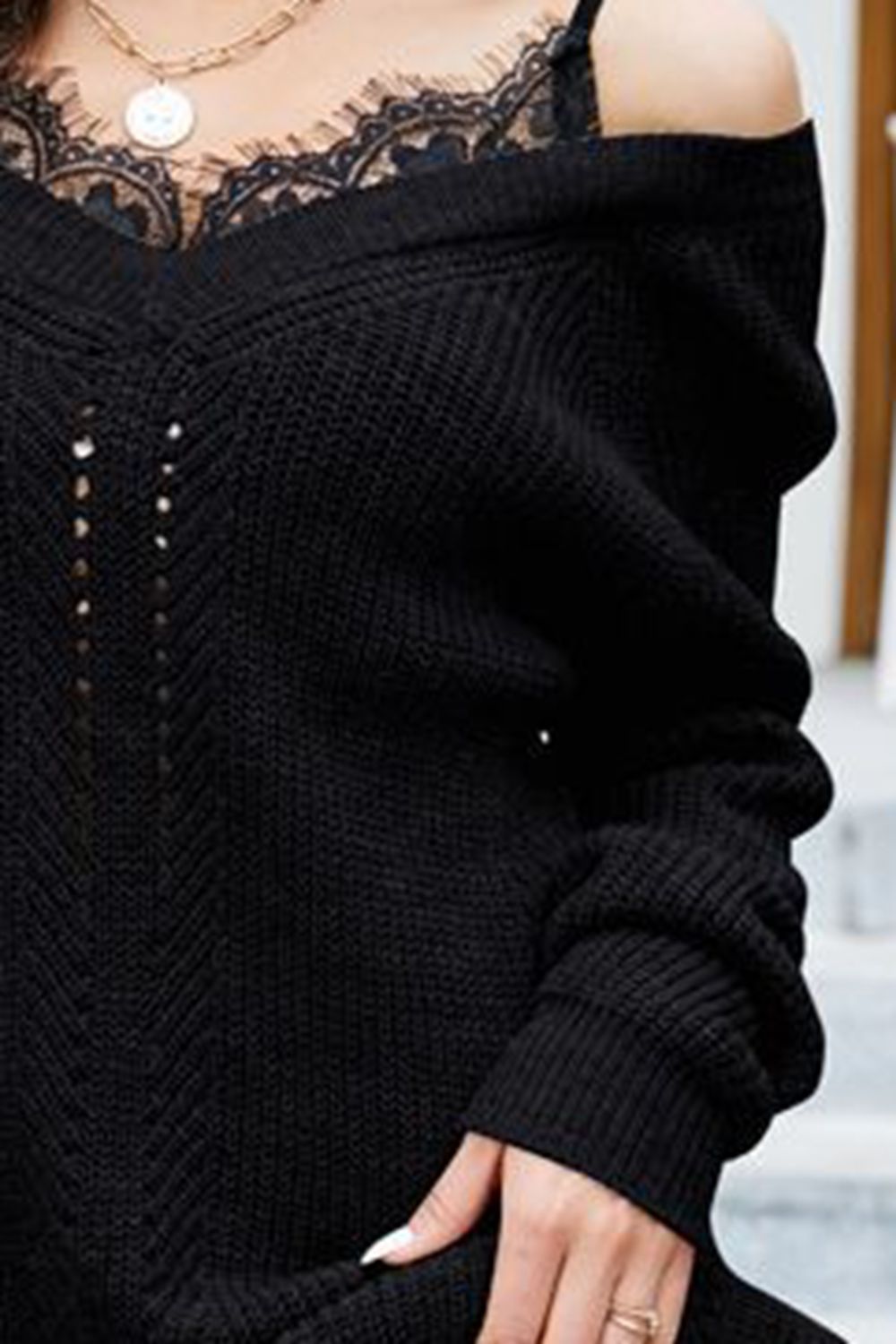 Openwork V-Neck Long Sleeve Sweater