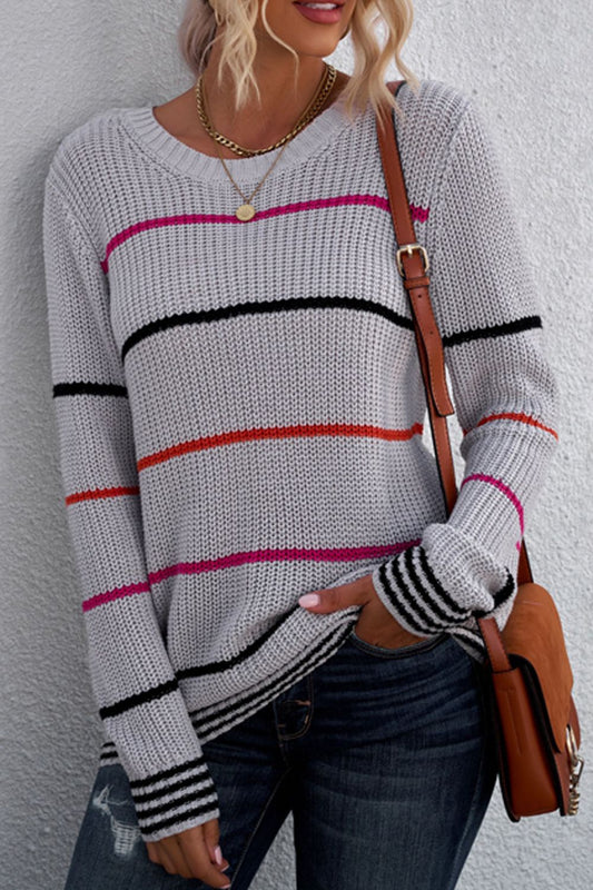 Woven Right Striped Ribbed Round Neck Long Sleeve Sweater