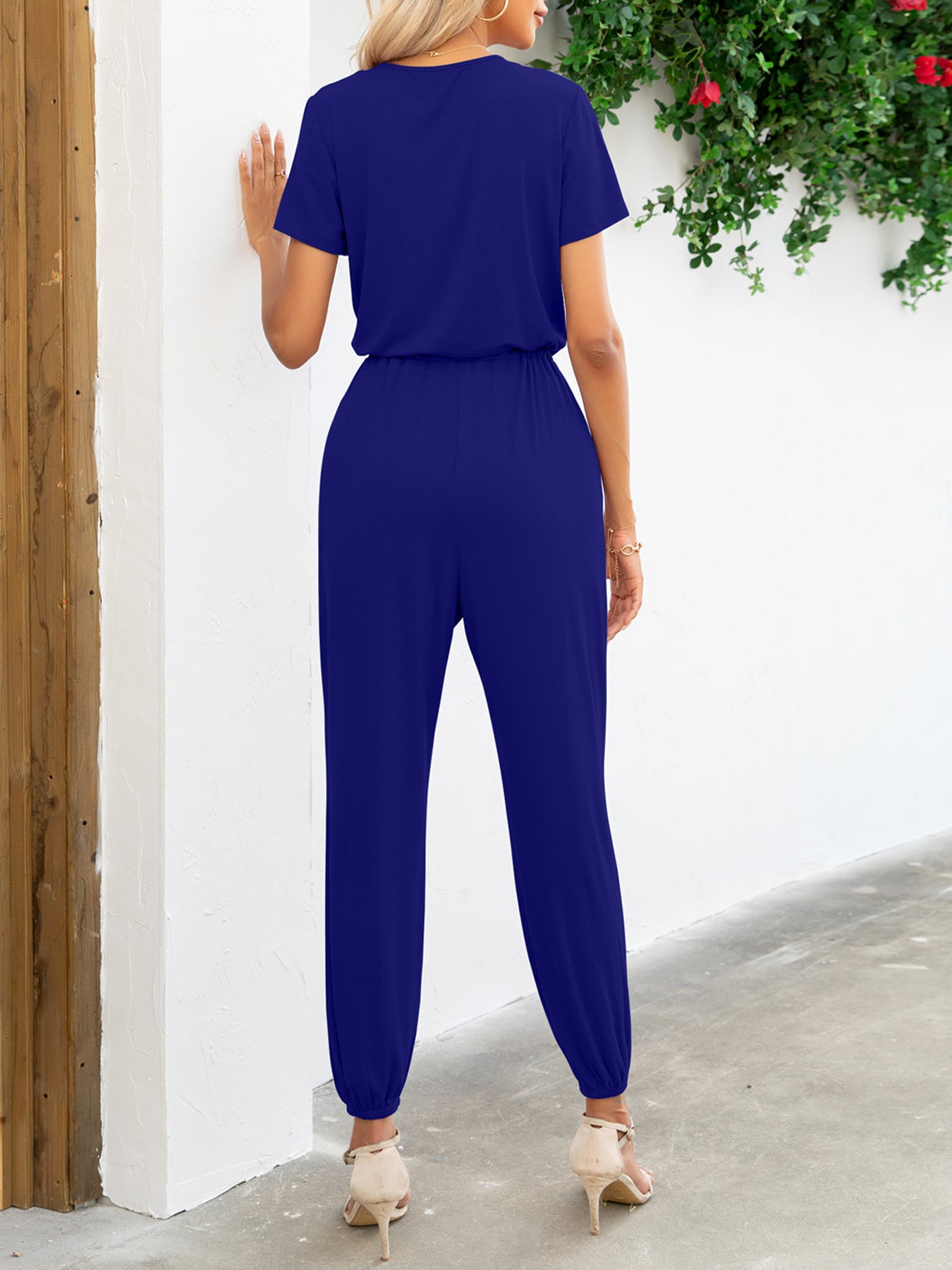 Short Sleeve V-Neck Jumpsuit with Pockets