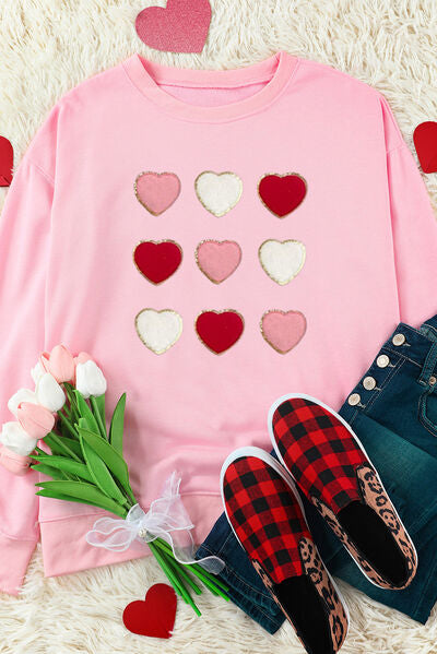 Heart Round Neck Dropped Shoulder Sweatshirt – On the Move