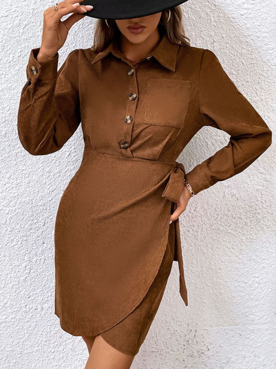 Button-Down Collared Neck Long Sleeve Side Tie Dress