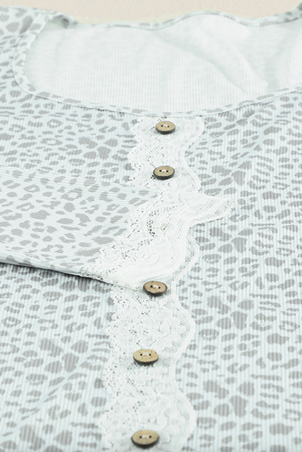 Leopard Buttoned Lace Trim Round Neck Top