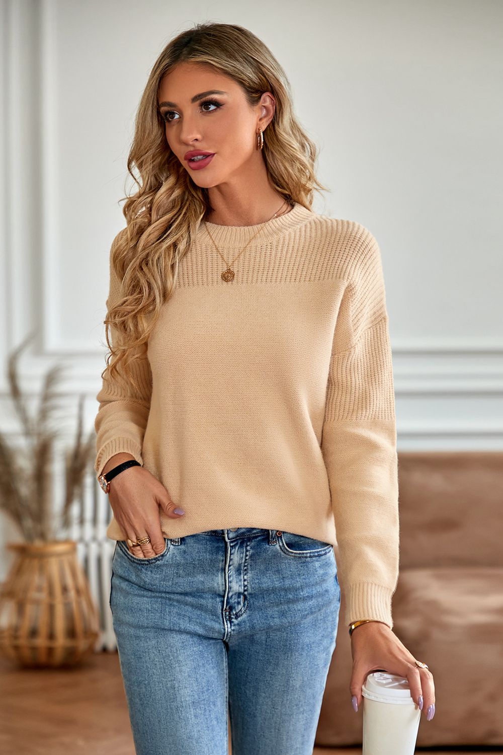 Round Neck Dropped Shoulder Sweater