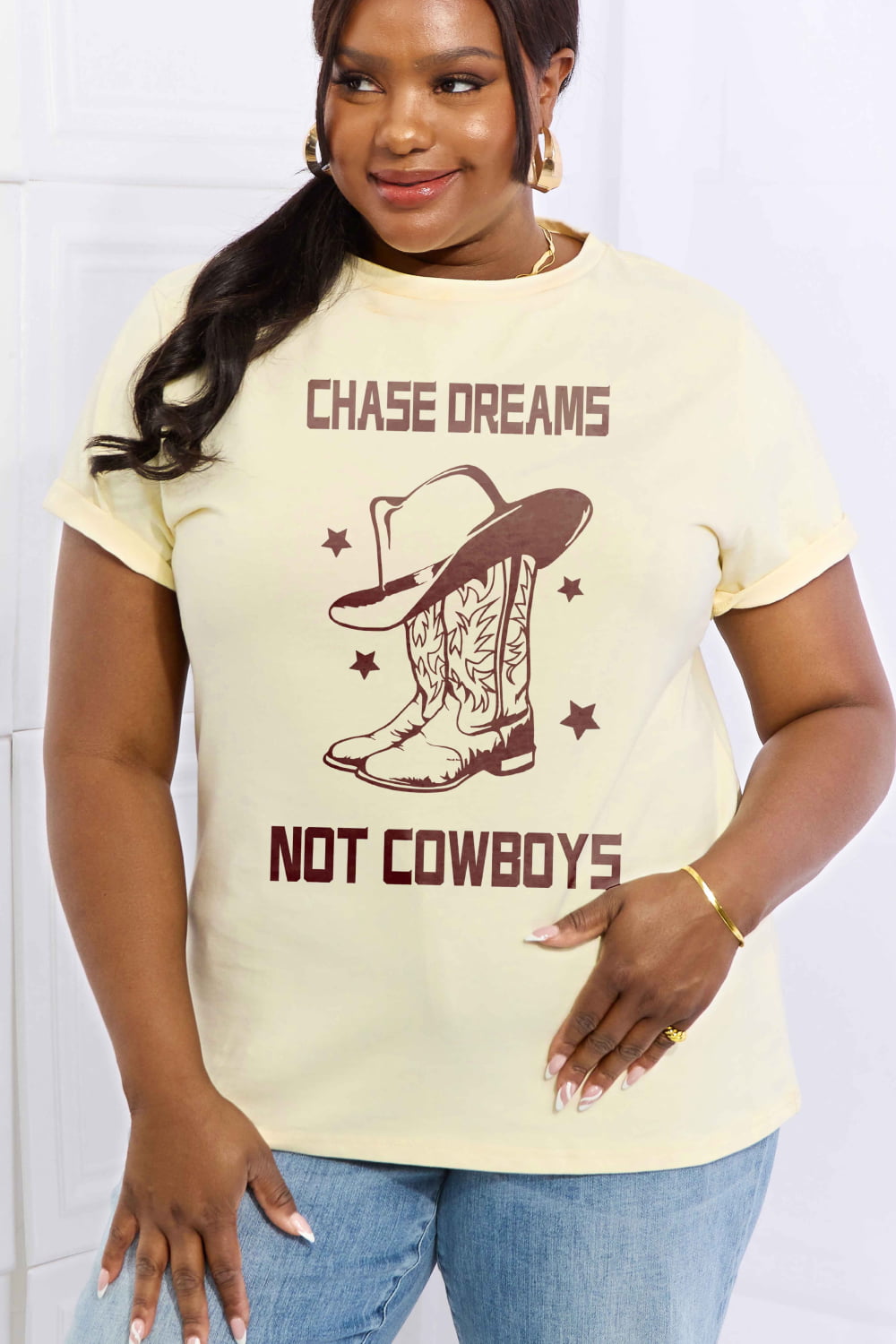 Simply Love Full Size CHASE DREAMS NOT COWBOYS Graphic Cotton Tee